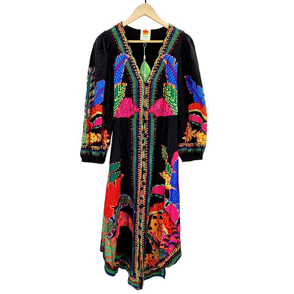 FARM Rio NWT SZ LGE Black Cool Leopards Maxi Dress Black High-Low Puff Sleeve - Picture 4 of 15